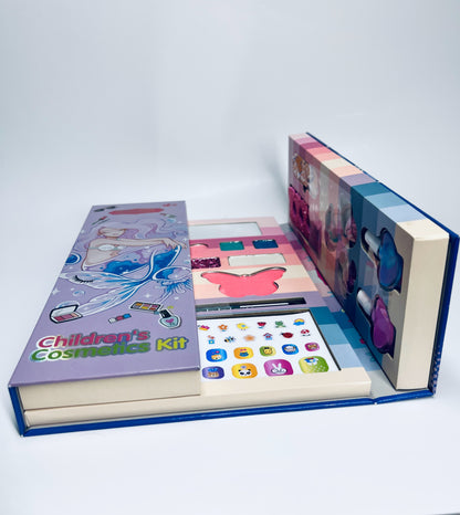 Kosmetikos rinkinys: šešėliai, plaukų gumelės, nagų lipdukai, lakai ir apyrankės